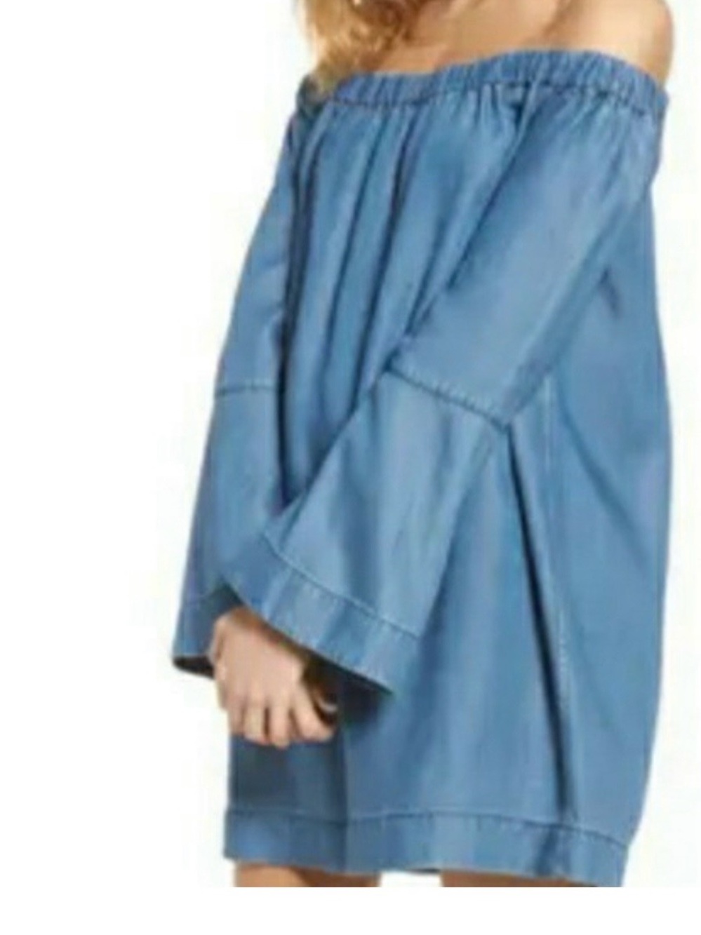 7 for all mankind light Blue Off-Shoulder Denim dress with Ruffle Sleeve Detail
